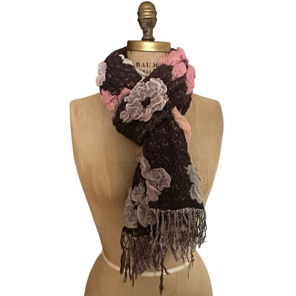 Pink and Brown floral reversible 3D ruffle scarf